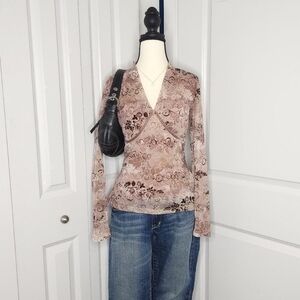 Y2K Inspired Brown Babydoll Bella Swan Whimsy Floral Double-Lined Mesh Vneck Top